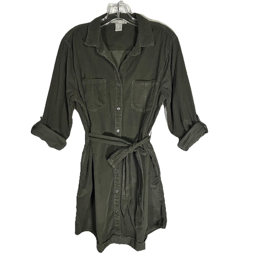 Lucky Brand Womens Corduroy Shirtdress Olive Army Green Tie Roll Up Sleeve Large